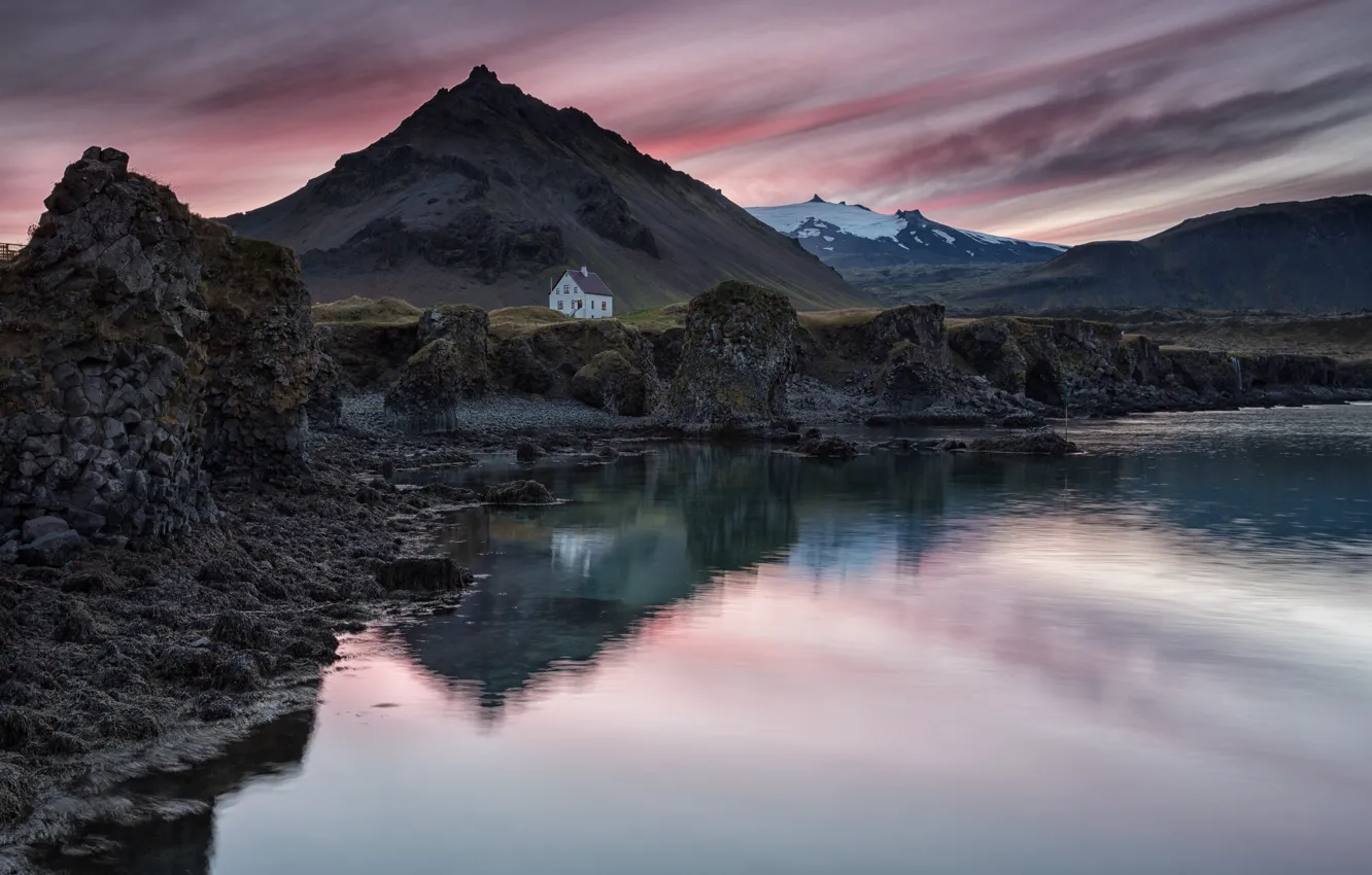 Photo wallpaper the sky, sunset, mountains, lake, reflection, the evening, house, Iceland