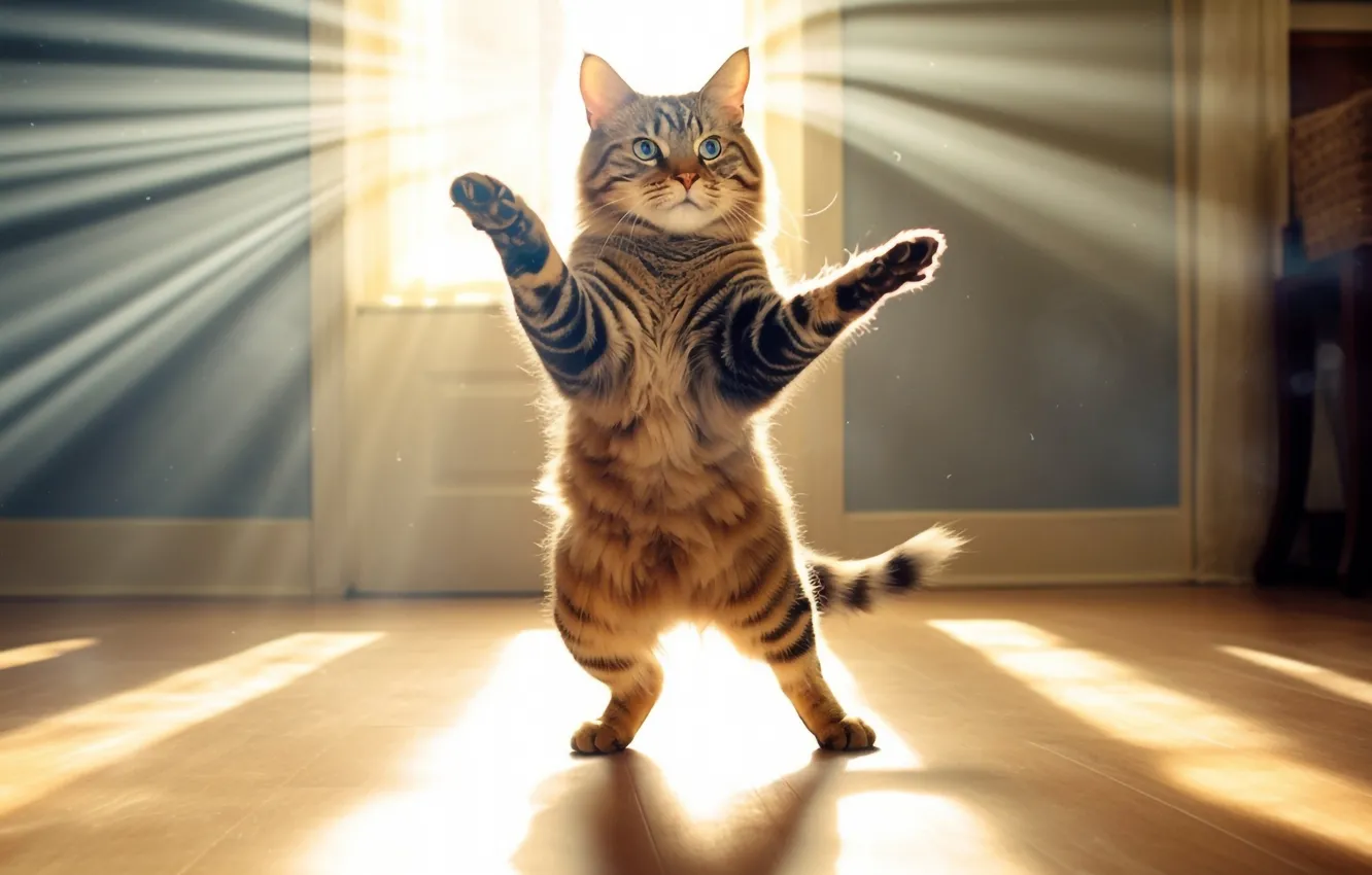 Photo wallpaper cat, cat, look, the sun, rays, light, pose, grey