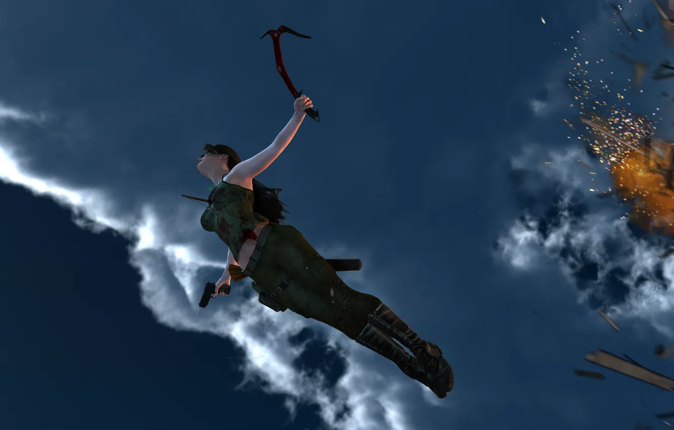 Photo wallpaper the sky, girl, flight, the explosion, fire, the game, art, Lara Croft