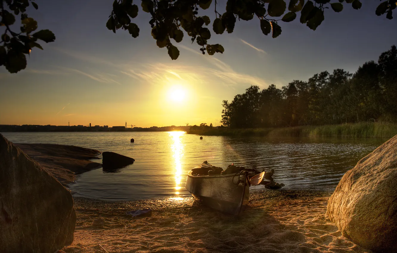 Photo wallpaper forest, beach, summer, the sun, lake, stones, boat, morning