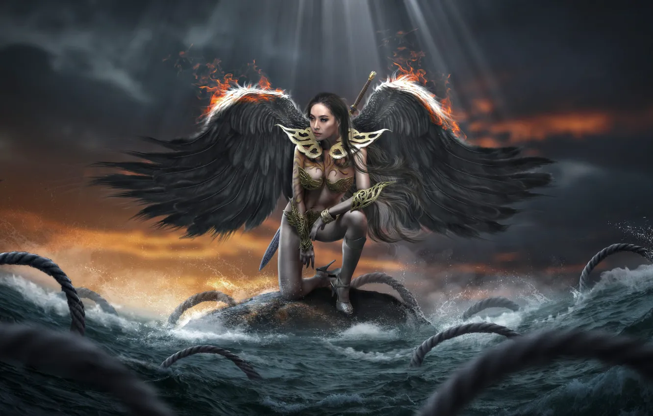 Photo wallpaper sea, wave, look, girl, pose, stones, wings, angel