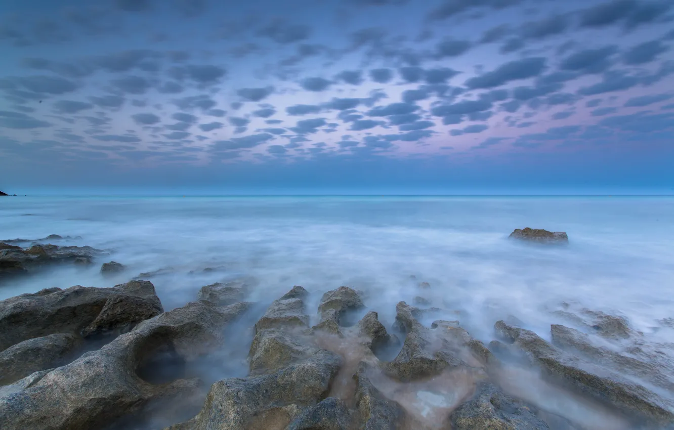 Photo wallpaper sea, clouds, stones, dawn, shore, morning, threads