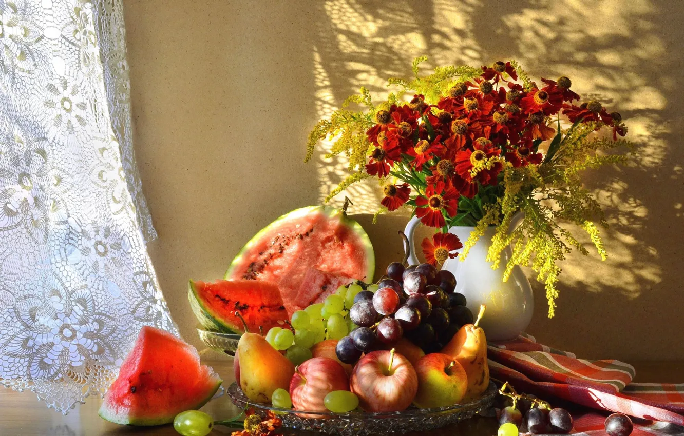 Photo wallpaper flowers, berries, fruit, still life