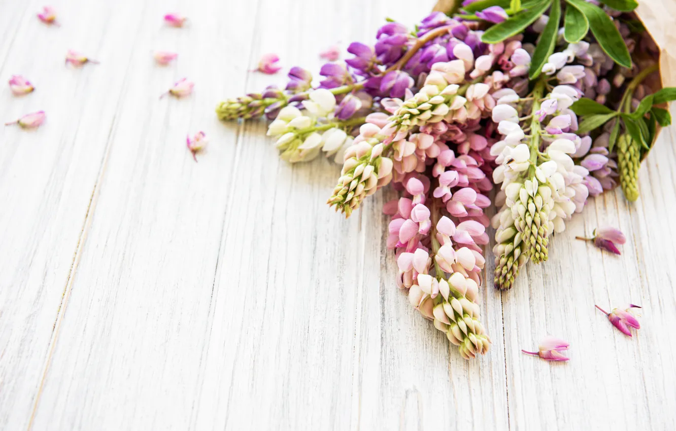 Photo wallpaper flowers, wood, pink, flowers, lupins, lupine