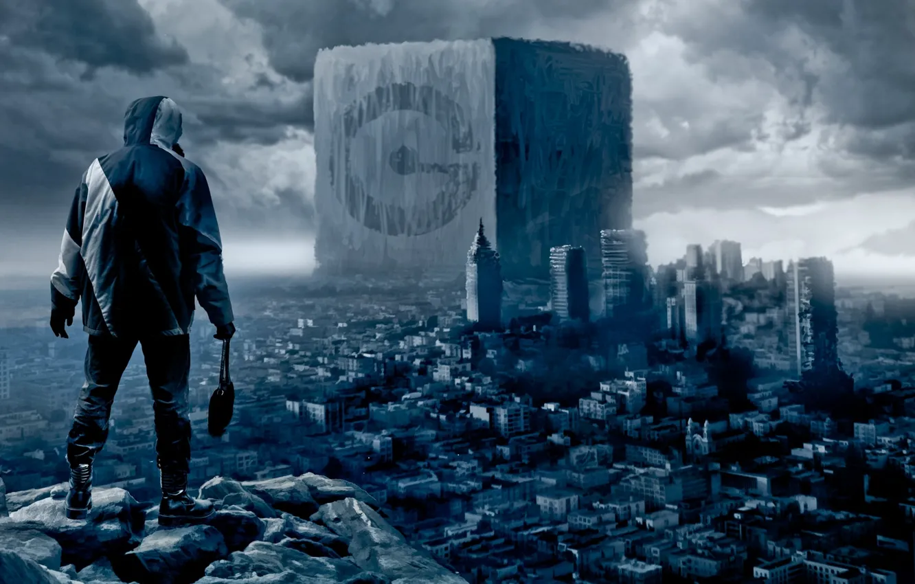 Photo wallpaper winter, clouds, the city, rocks, people, art, cube, ruins