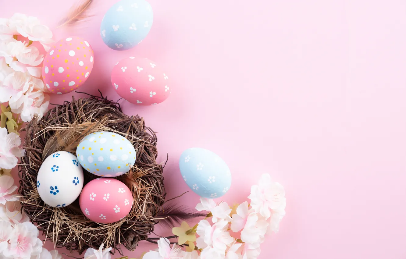 Photo wallpaper flowers, eggs, spring, colorful, Easter, happy, pink, flowers, spring, Easter, eggs, decoration