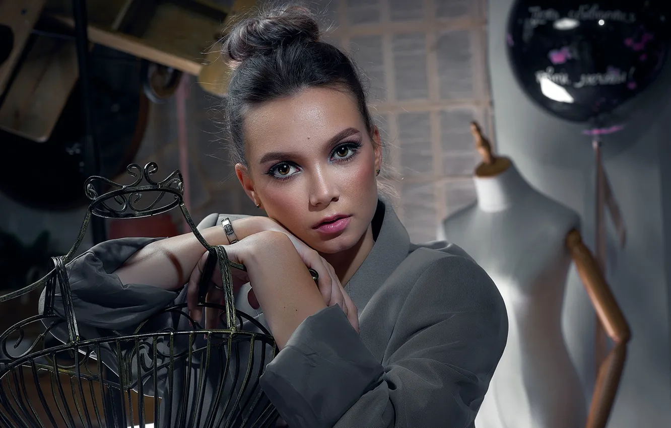 Photo wallpaper look, pose, model, portrait, makeup, brunette, hairstyle, dummy