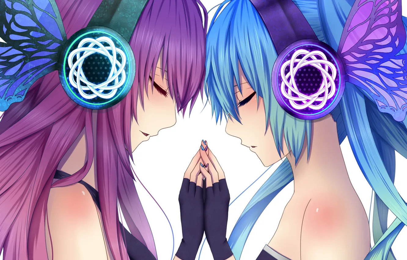 Photo wallpaper girl, smile, headphones, vocaloid, hatsune miku, megurine luka, Vocaloid, art
