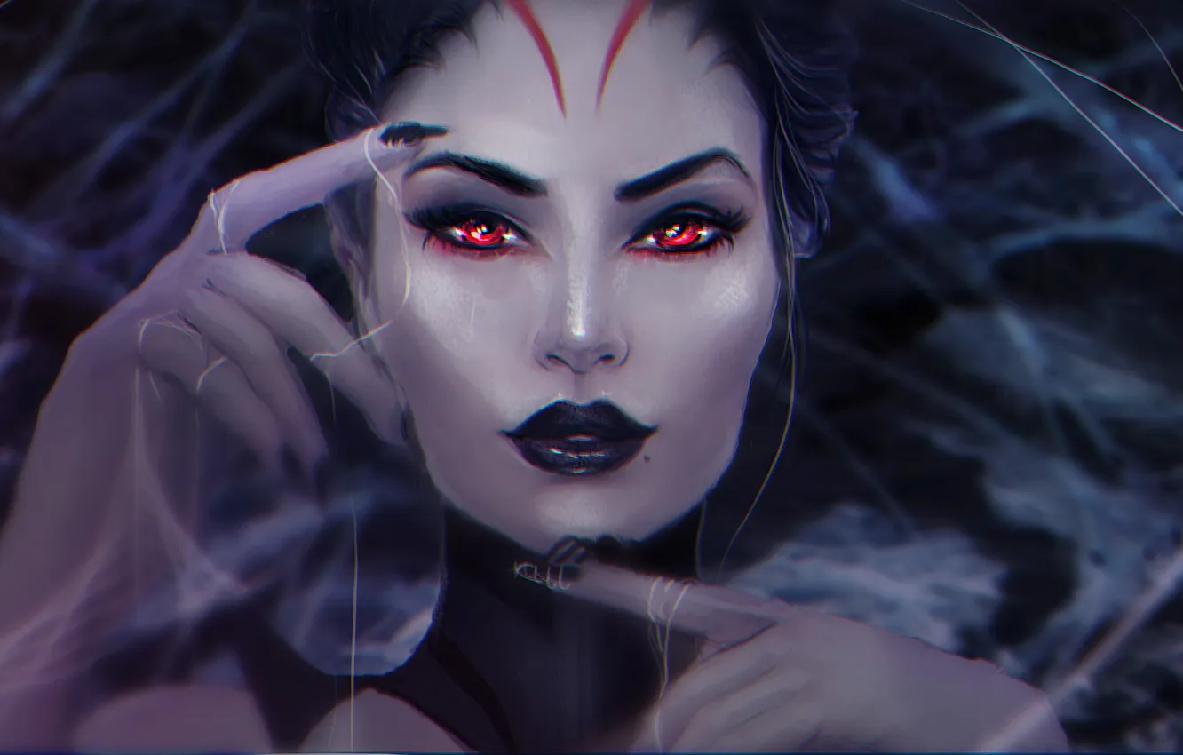 Photo wallpaper girl, face, web, spider, hands, art, red eyes, League of Legends