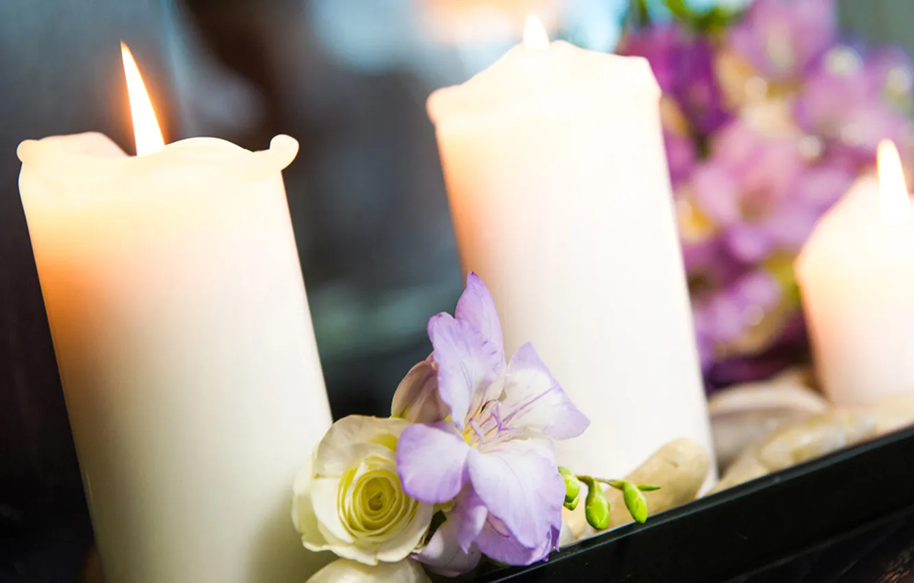 Photo wallpaper flowers, bouquet, candles, wedding, bokeh