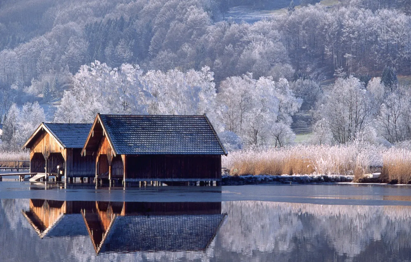 Photo wallpaper winter, lake, shore, Germany, house