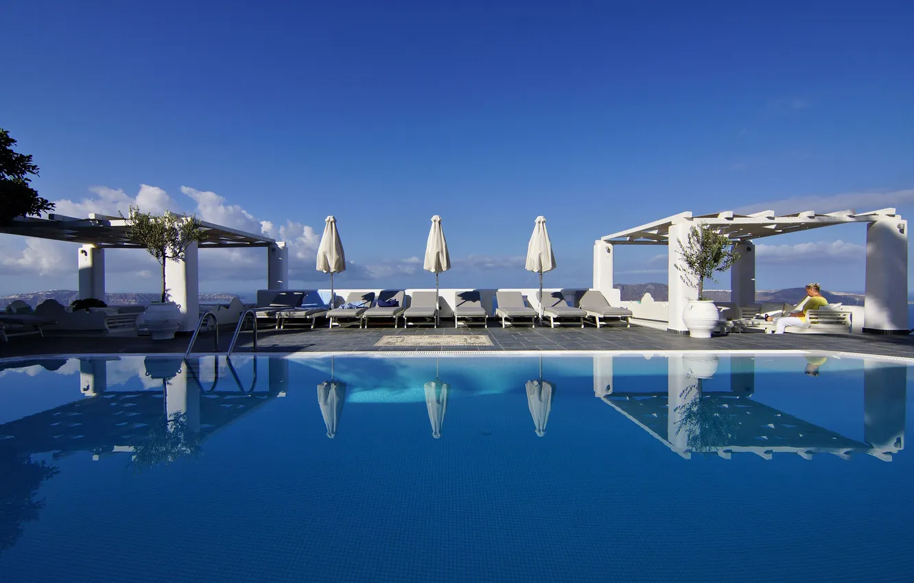 Photo wallpaper summer, stay, view, umbrella, Greece, the pool, resort, Notio Aigaio