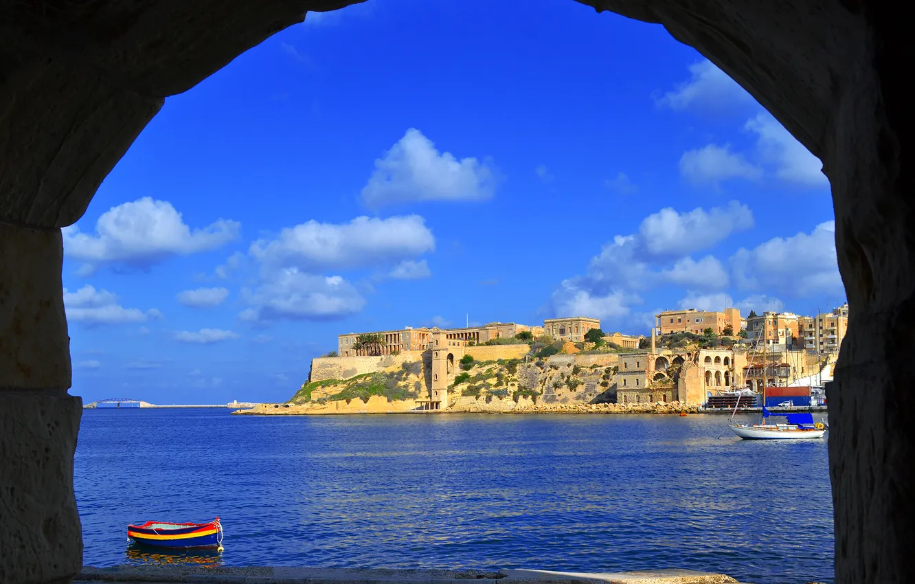Photo wallpaper the sky, clouds, the city, rocks, home, arch, arch, Malta