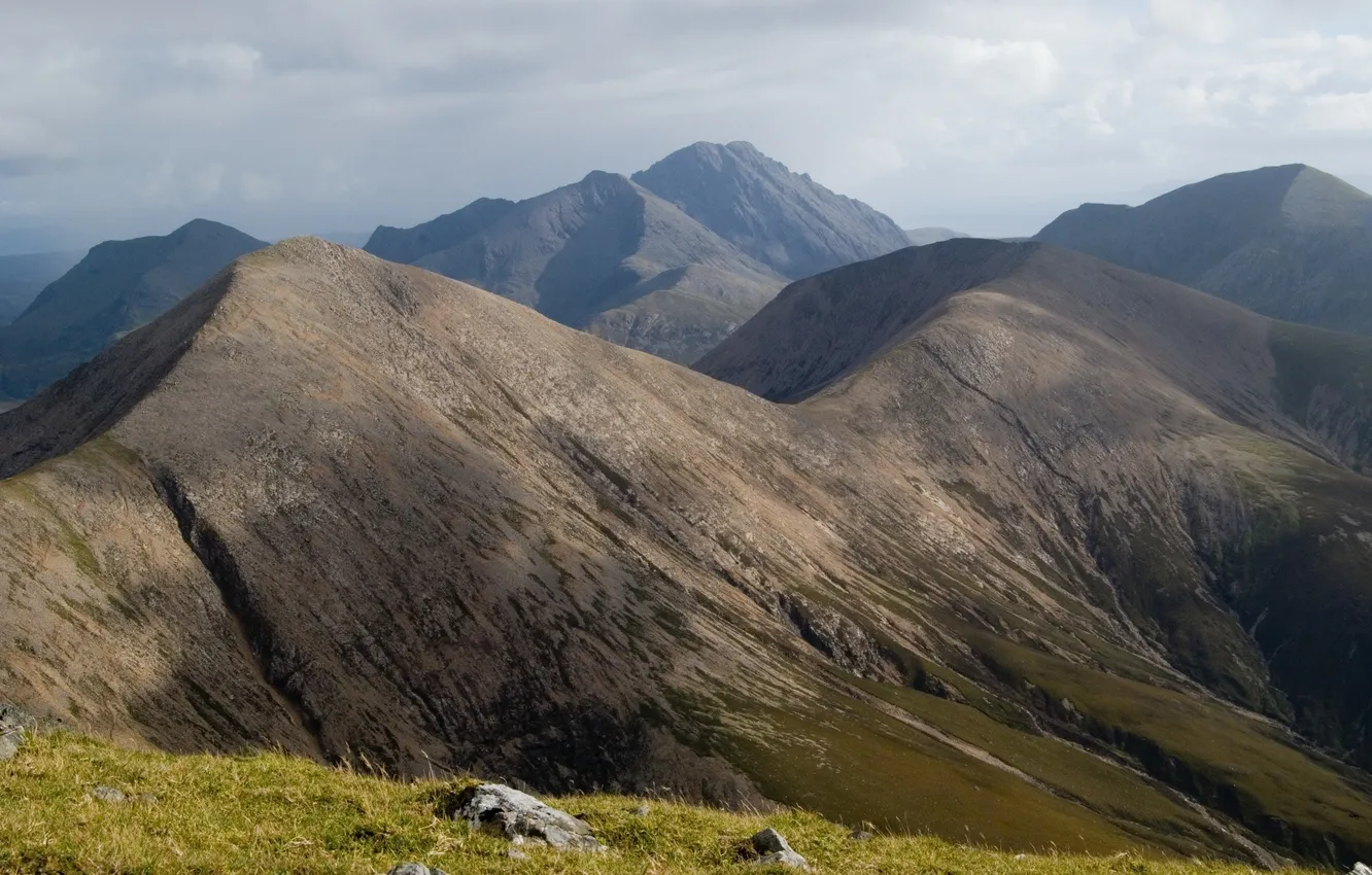 Photo wallpaper grass, mountains, stones, photo, landscapes, tops, view, spaces