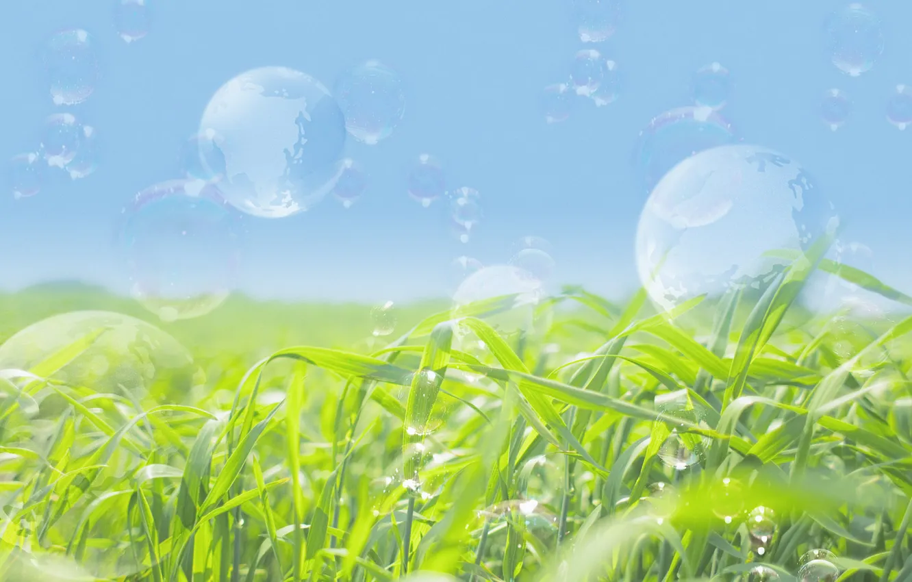 Photo wallpaper greens, the sky, grass, bubbles, soap, soap