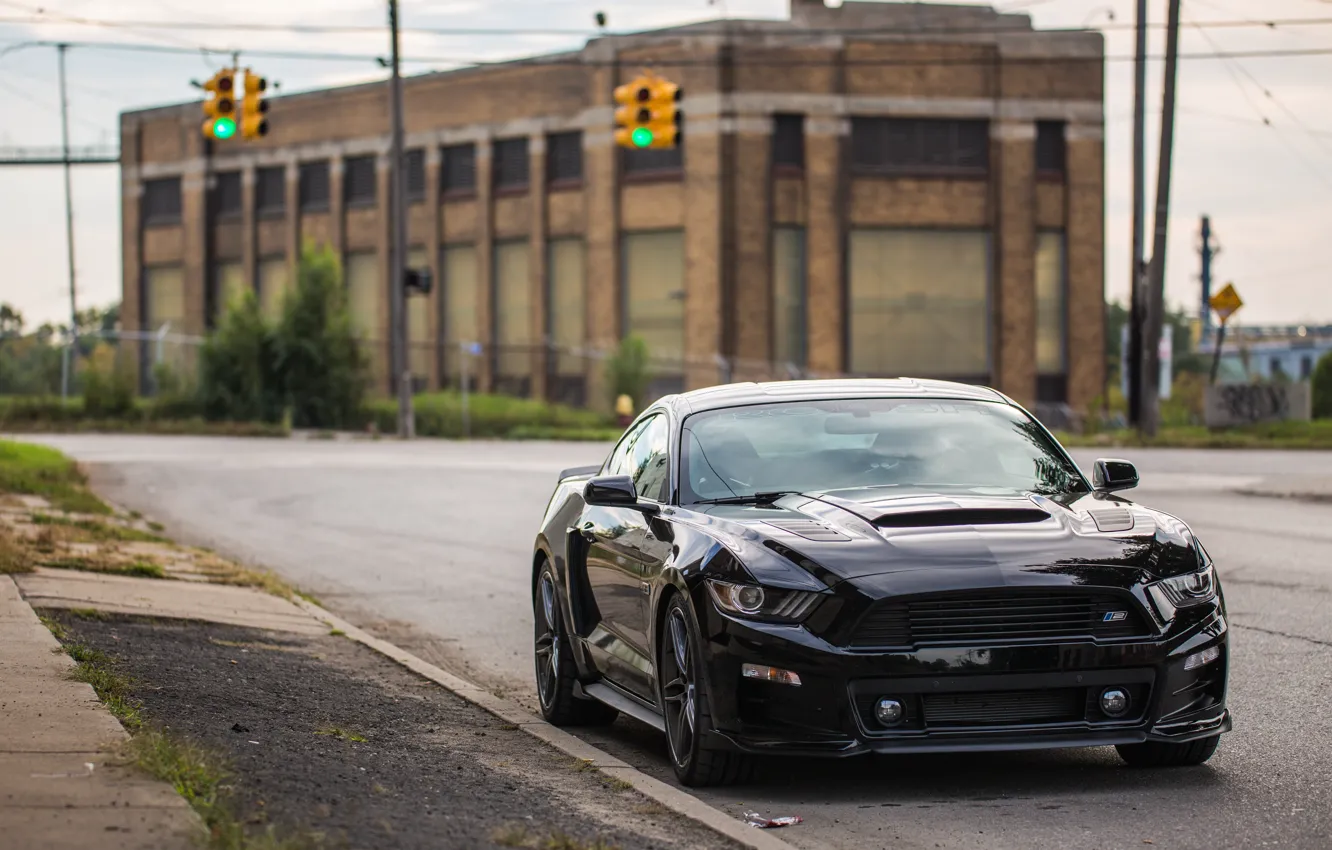 Photo wallpaper street, Mustang, Ford, Black, muscle car, Roush, Stage