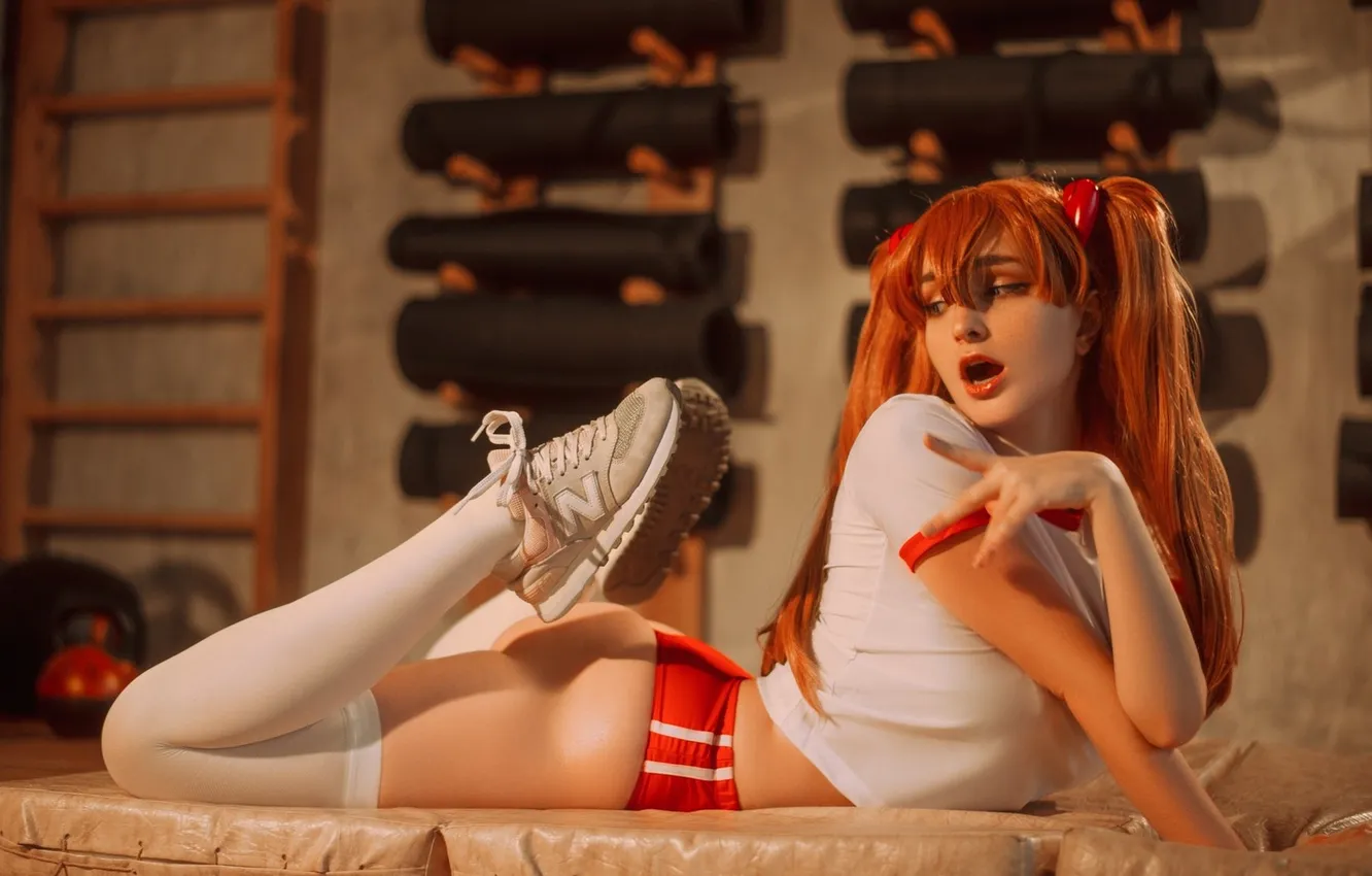 Photo wallpaper girl, shorts, stockings, model, redhead, cosplay, nice, sneakers