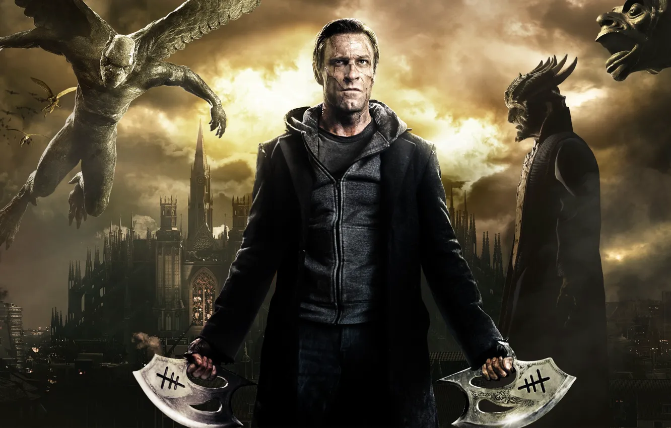 Photo wallpaper dark, wallpaper, Hollywood, monster, sky, actor, wings, fog