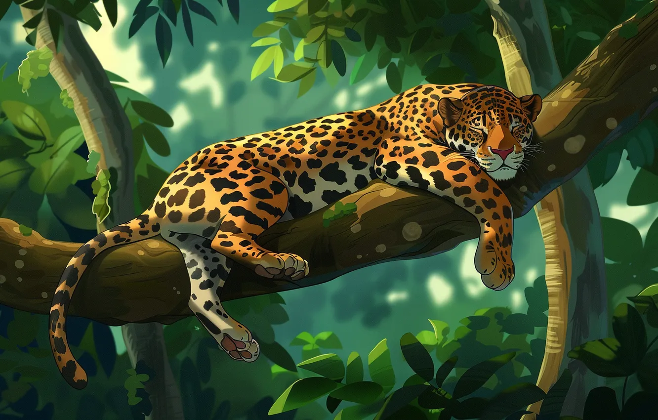 Photo wallpaper Tree, Leaves, Sleeping, Jaguar, Predator, Digital art, Big cat, AI art