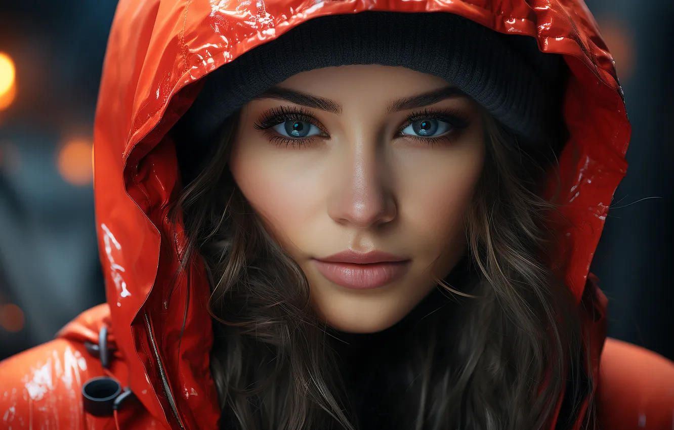 Photo wallpaper look, girl, face, smile, portrait, hood, brown hair, grey eyes