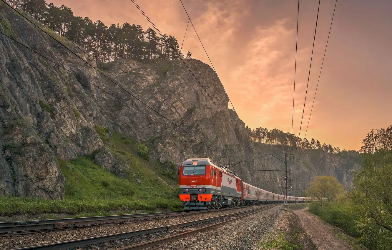 Photo wallpaper forest, the sky, clouds, landscape, train, the evening, railroad, forest