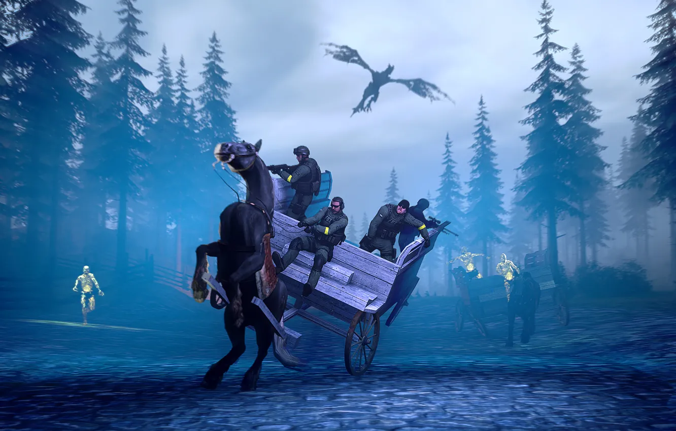 Photo wallpaper forest, weapons, dragon, horse, spruce, zombies, rider, cart