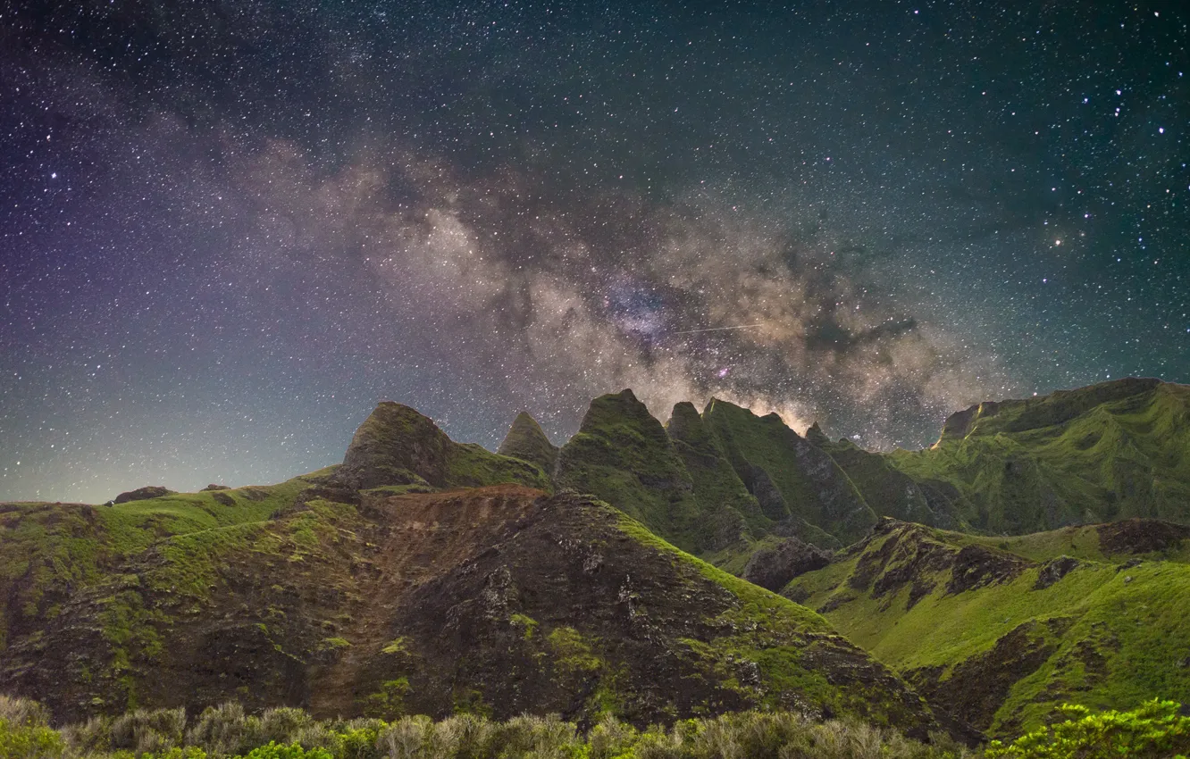 Photo wallpaper greens, stars, mountains, the milky way