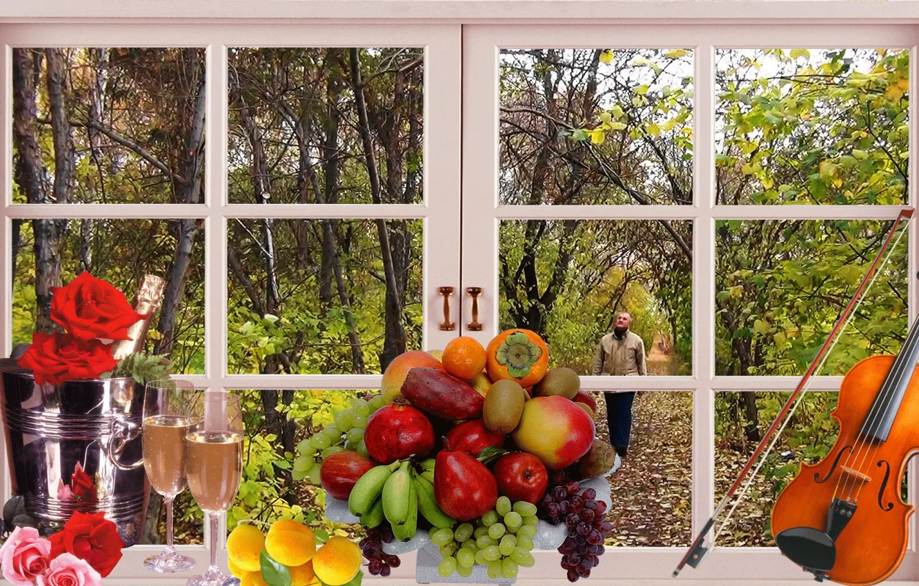 Photo wallpaper autumn, window, Still life, cover, fruit background