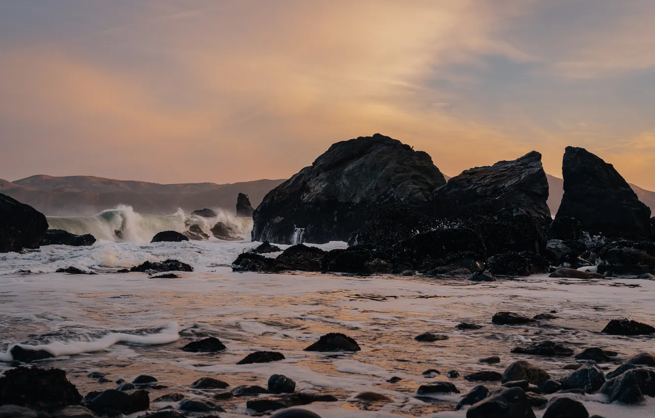 Photo wallpaper sea, mountains, nature, rocks, surf, water splashes, sea waves