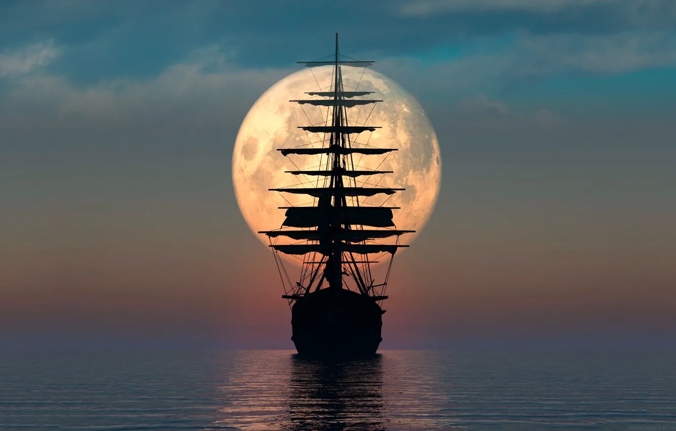 Photo wallpaper sea, the moon, sailboat, a remake