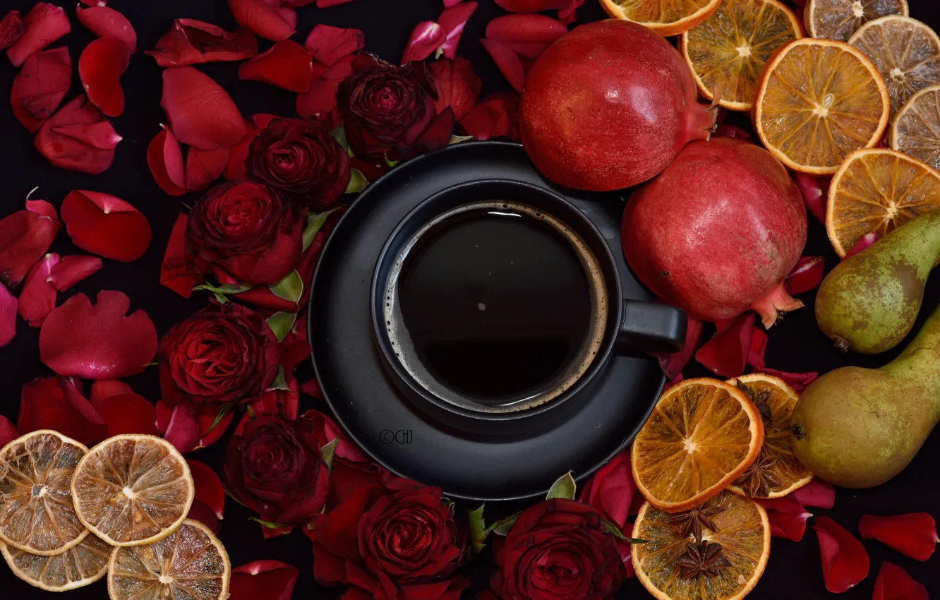 Photo wallpaper coffee, roses, Cup, fruit