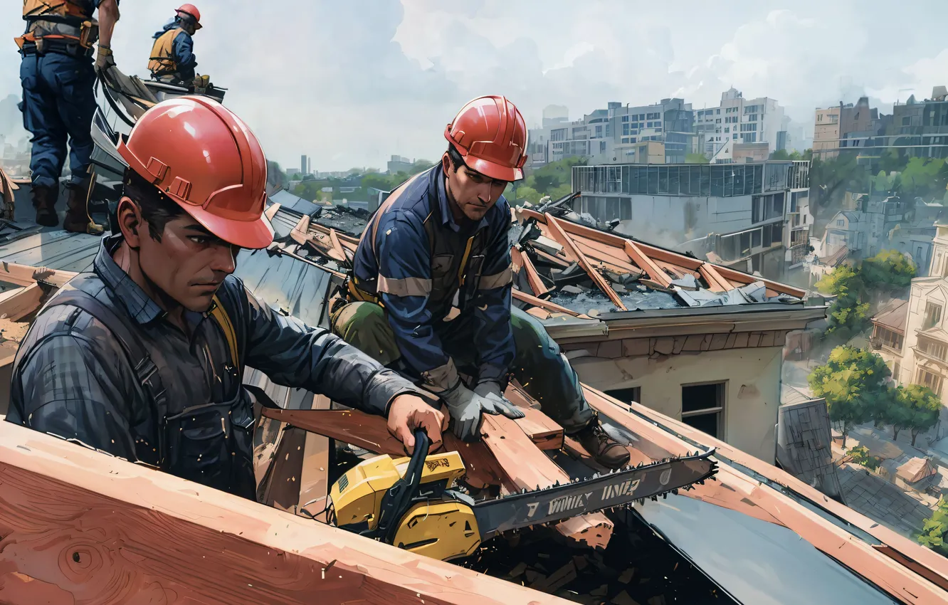 Photo wallpaper roof, male, Russia, helmet, builders, electric, Russian, Novorossiya
