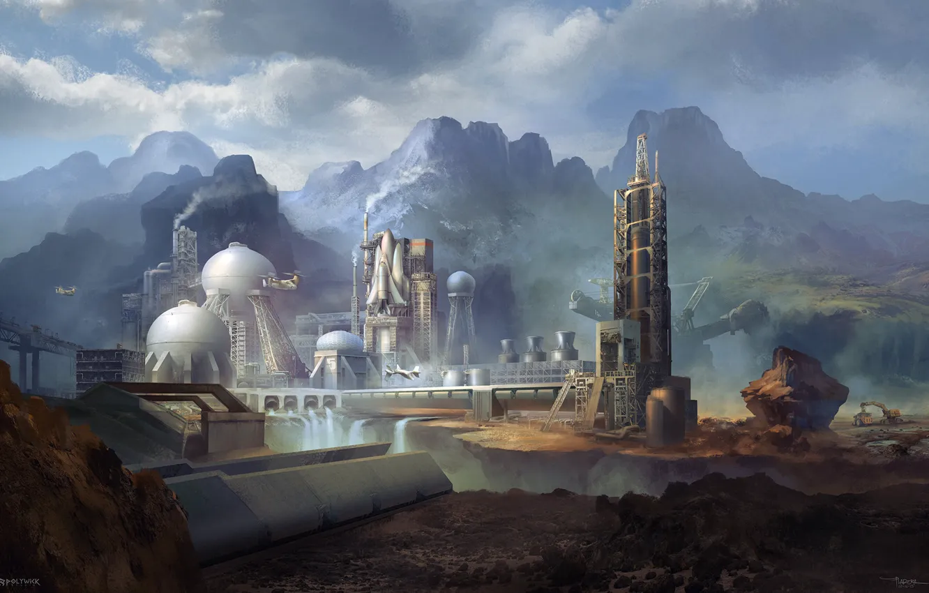 Photo wallpaper mountains, waterfall, dam, spaceport, station