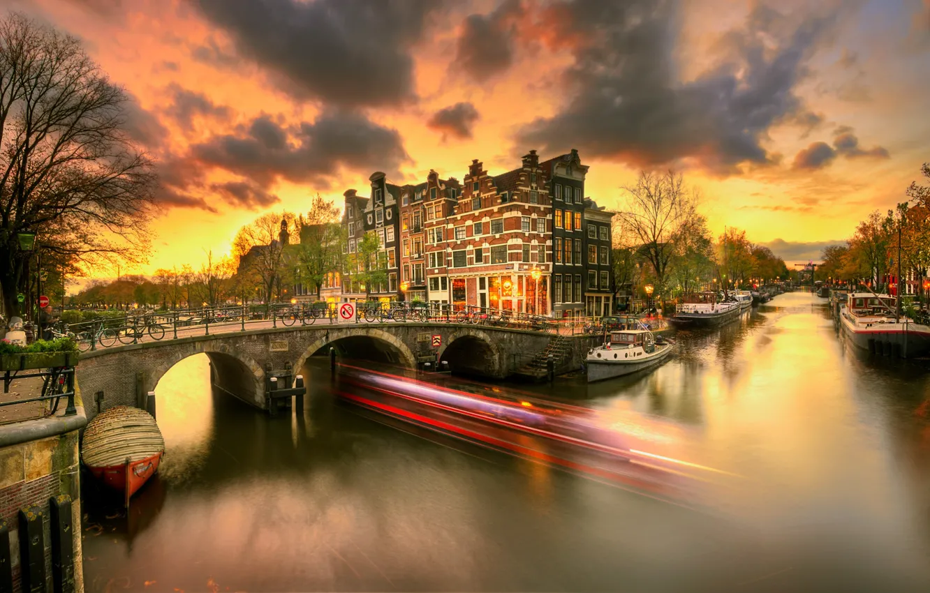 Photo wallpaper clouds, bridge, the city, building, boats, Amsterdam, channel, boats