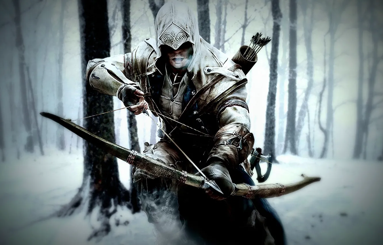 Photo wallpaper winter, snow, trees, bow, hood, arrows, Assassin`s Creed