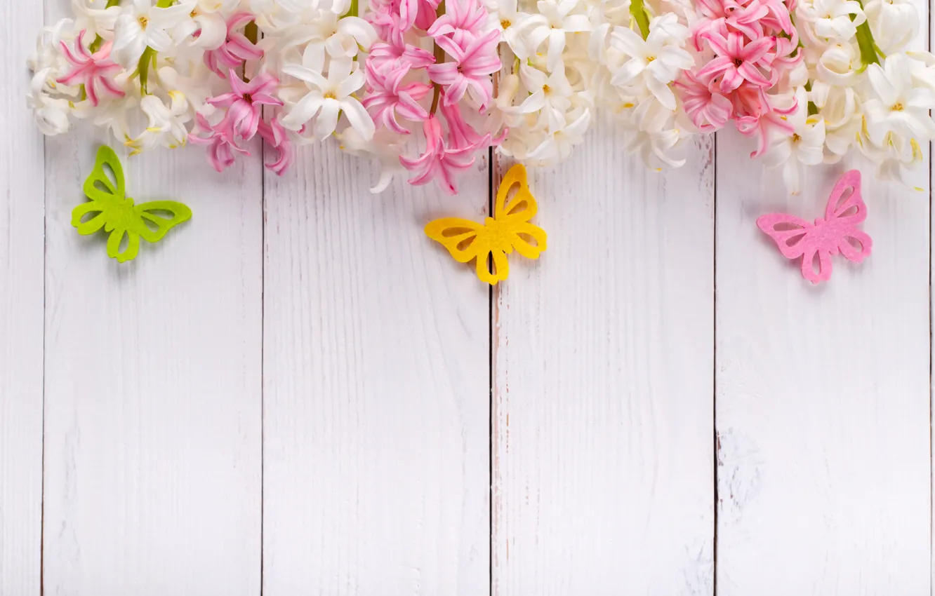 Photo wallpaper butterfly, flowers, pink, wood, pink, flowers, spring, hyacinths