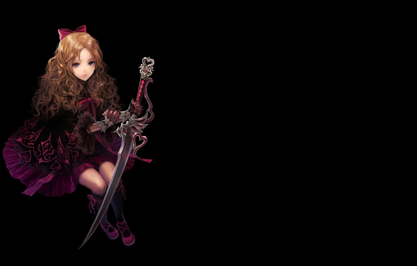 Photo wallpaper girl, the dark background, sword, dress, bow, agasang