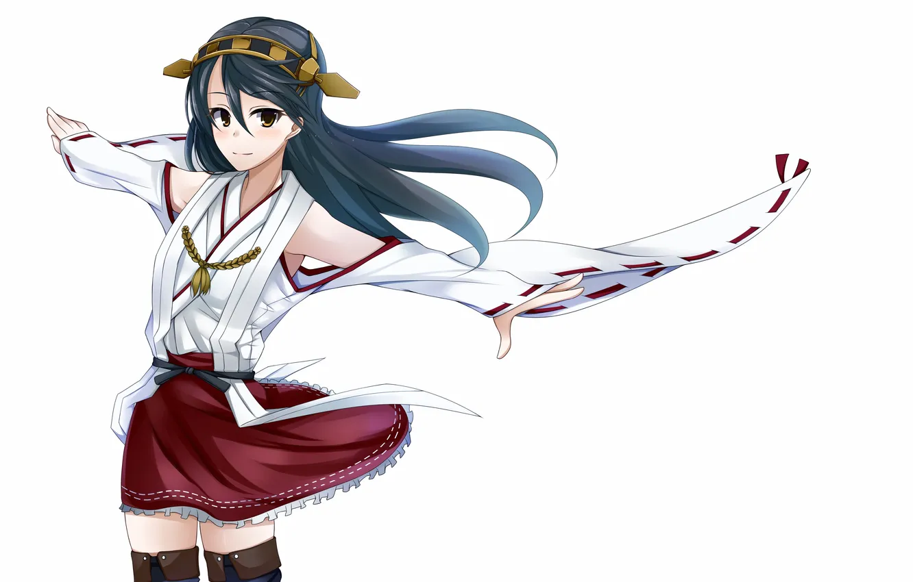 Photo wallpaper look, girl, smile, white background, gesture, art, kantai collection, Haruna