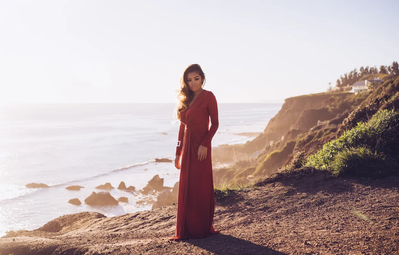 Photo wallpaper sea, summer, girl, landscape, face, hair, dress