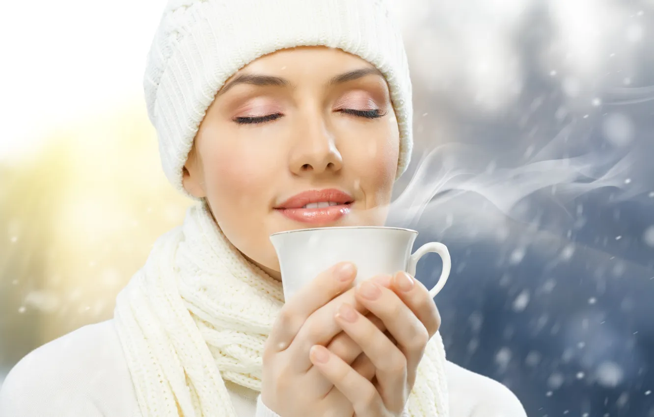 Photo wallpaper winter, girl, face, woman, coffee