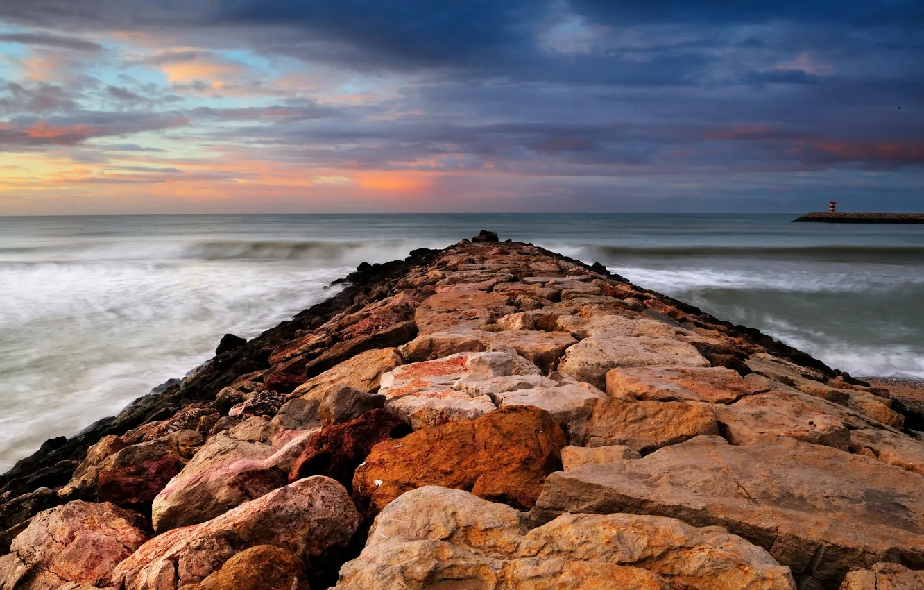 Photo wallpaper sea, wave, water, stones, the ocean, shore, beacons, piers