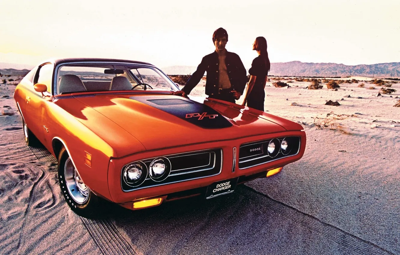 Photo wallpaper machine, beach, retro, people, Dodge, Charger