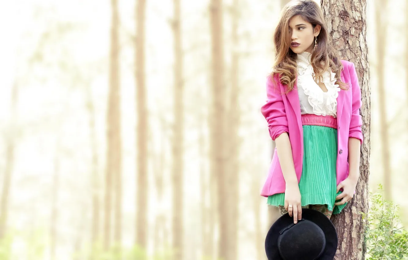 Photo wallpaper look, trees, hat, PINK LADY