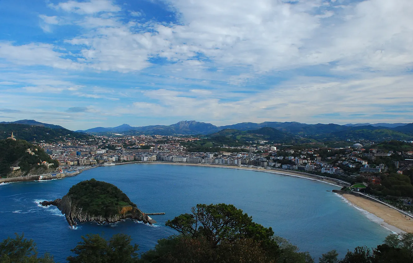 Photo wallpaper the sky, clouds, mountains, the city, island, Bay, Spain, San Sebastian