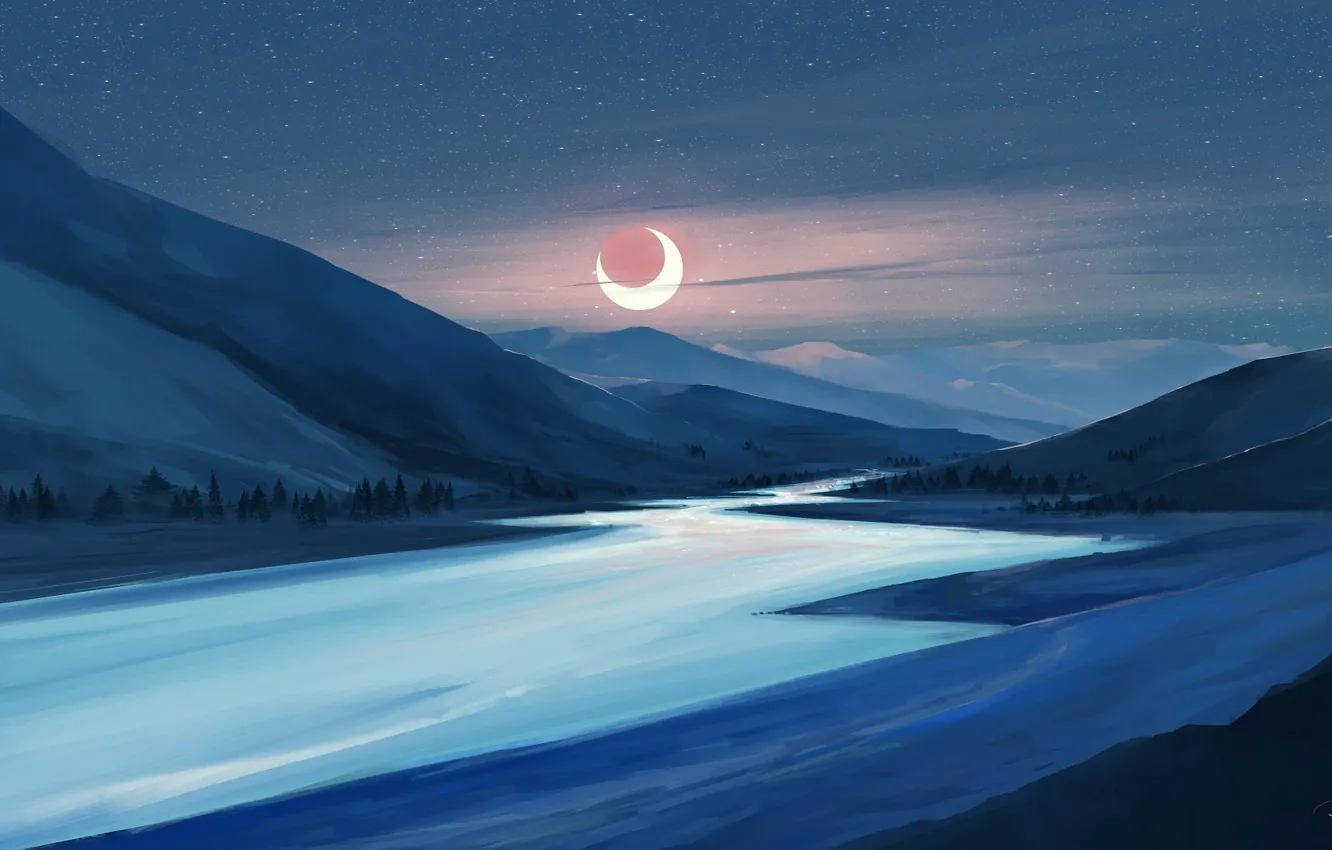 Photo wallpaper moon, river, sky, trees, landscape, nature, eclipse, night