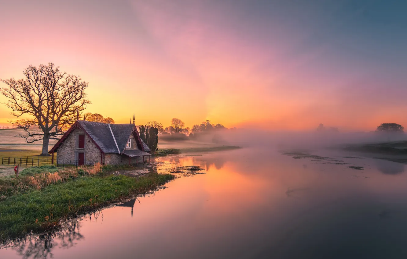 Photo wallpaper Ireland, mist, Boathouse, carton house