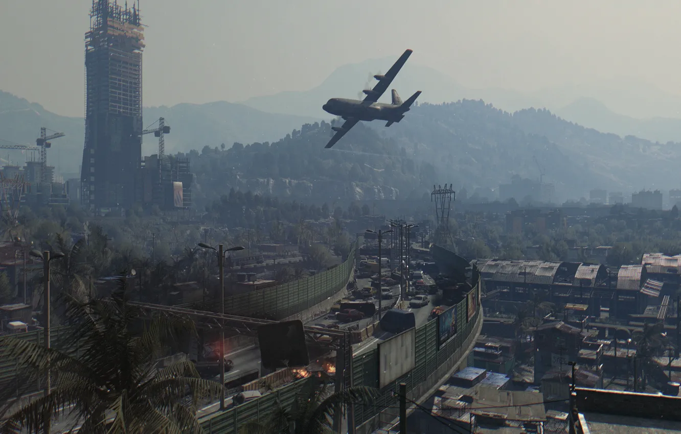 Photo wallpaper mountains, the plane, tower, zombies, zombie, parkour, infected, Techland