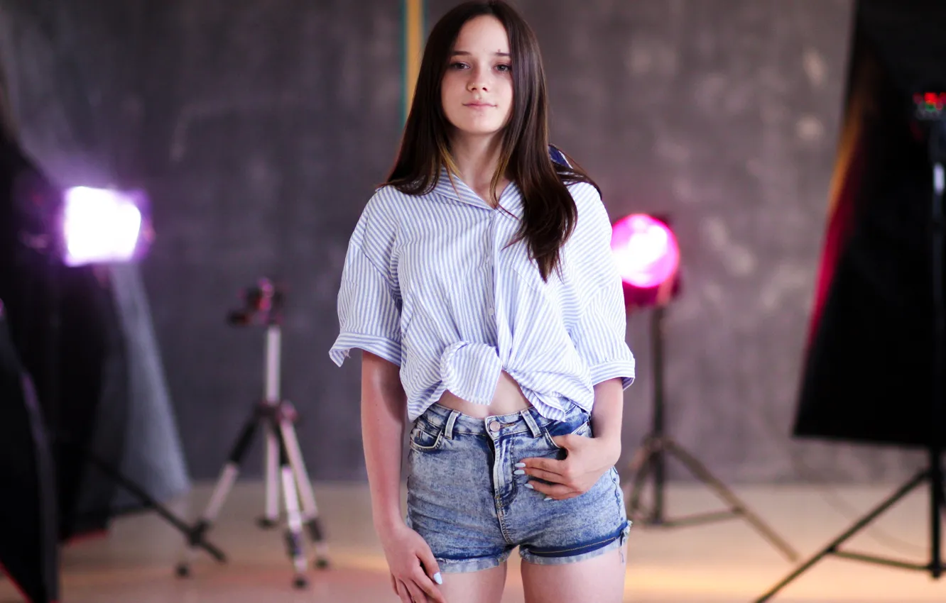 Photo wallpaper girl, shorts, model, brunette