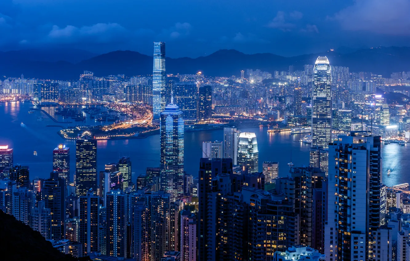 Photo wallpaper the sky, night, blue, Hong Kong, skyscrapers, lighting, panorama, Bay