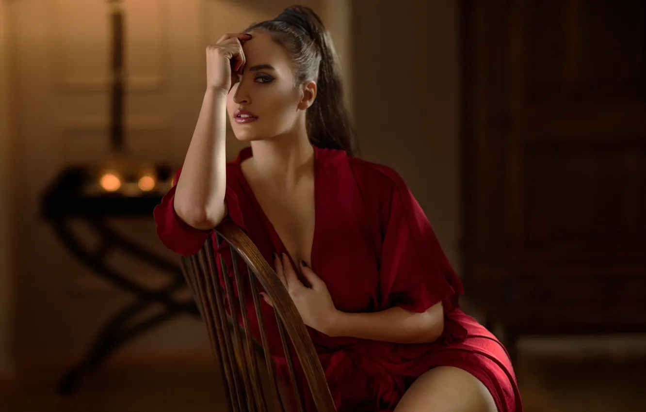 Photo wallpaper girl, room, makeup, negligee, chair, tail, brown hair, Bathrobe